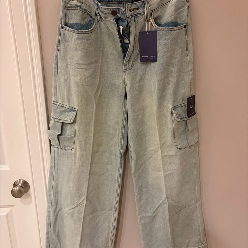 Oliver Logan Light Blue Wide-Leg Cargo Jeans for Women NWT